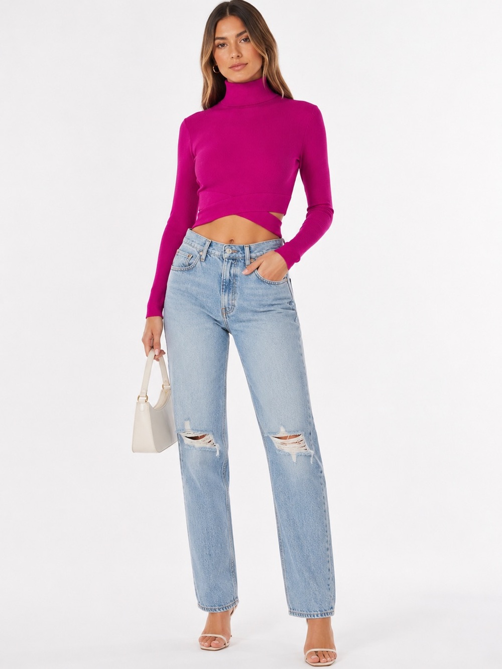 EXPRESS Ribbed Mock Neck Long Sleeve Cutout Cropped Tee